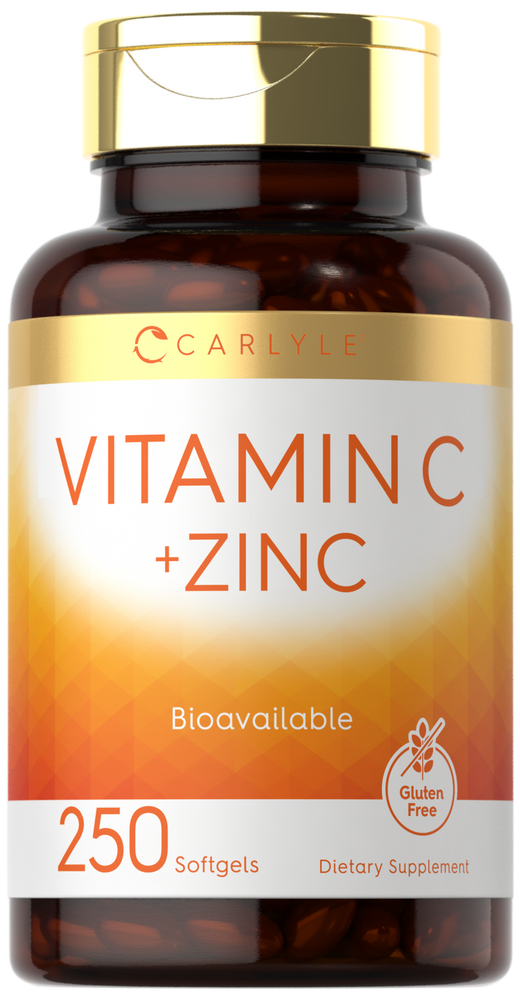 A hand holding a bottle of Carlyle Vitamin C + Zinc containing 250 softgels, suitable for supporting immune health.