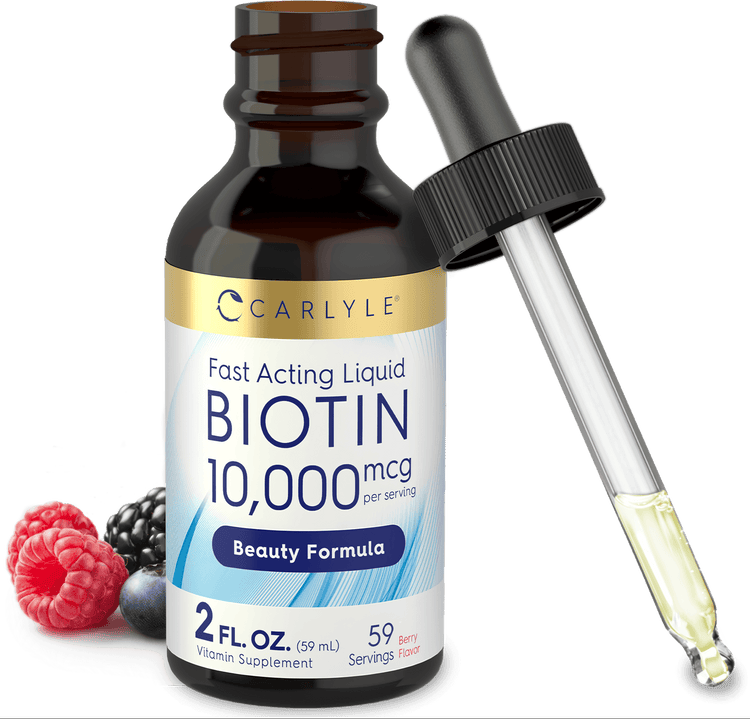 Bottle of Liquid Biotin with 10,000 mcg per serving in 2 FL. OZ. (59 mL) size, Berry Flavor.