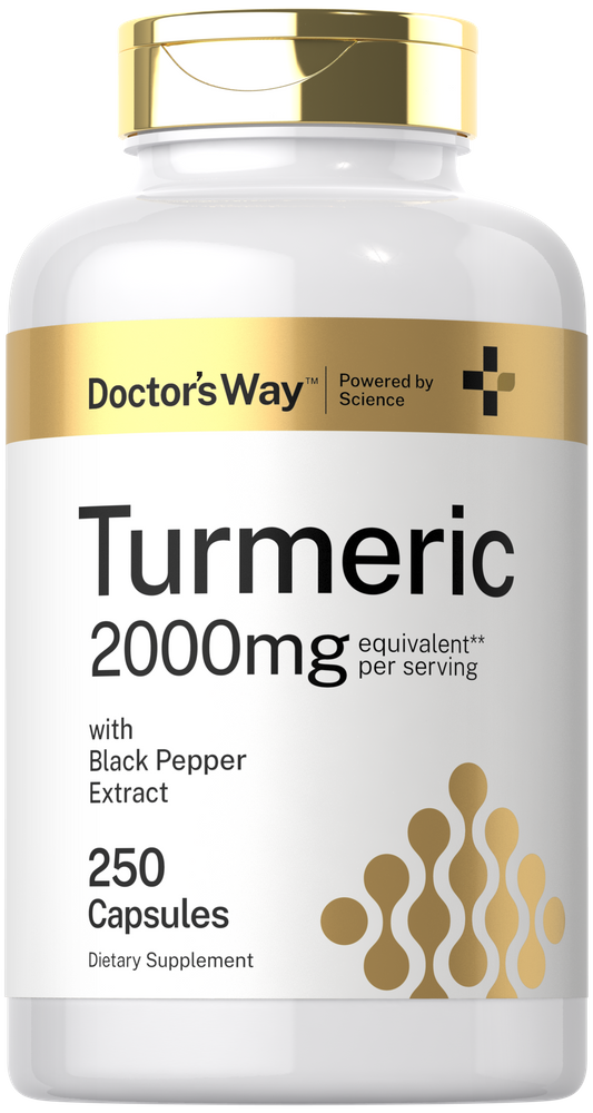 Hand holding a bottle of 250 capsules of Turmeric 2000mg per serving with Black Pepper Extract.