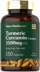 Turmeric Curcumin Complex 1500mg bottle held on a hand scale, containing 150 capsules.