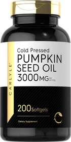 This is a softgel bottle containing 200 cold pressed pumpkin seed oil capsules, each delivering 3000 mg for dietary supplement use.