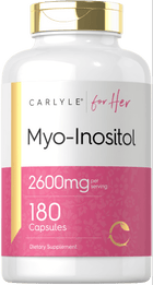 Hand holding Myo-Inositol bottle with 2600mg per serving and 180 capsules visible.