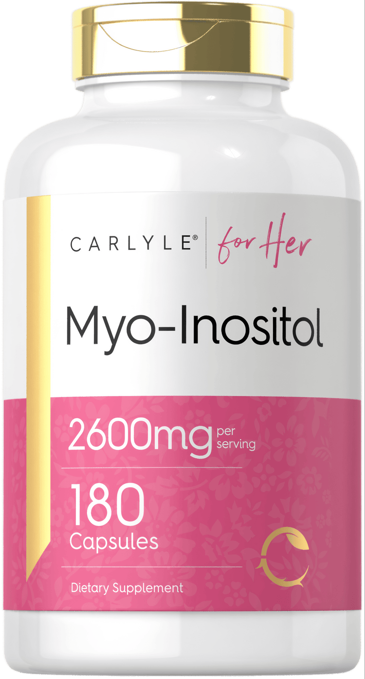 Hand holding Myo-Inositol bottle with 2600mg per serving and 180 capsules visible.