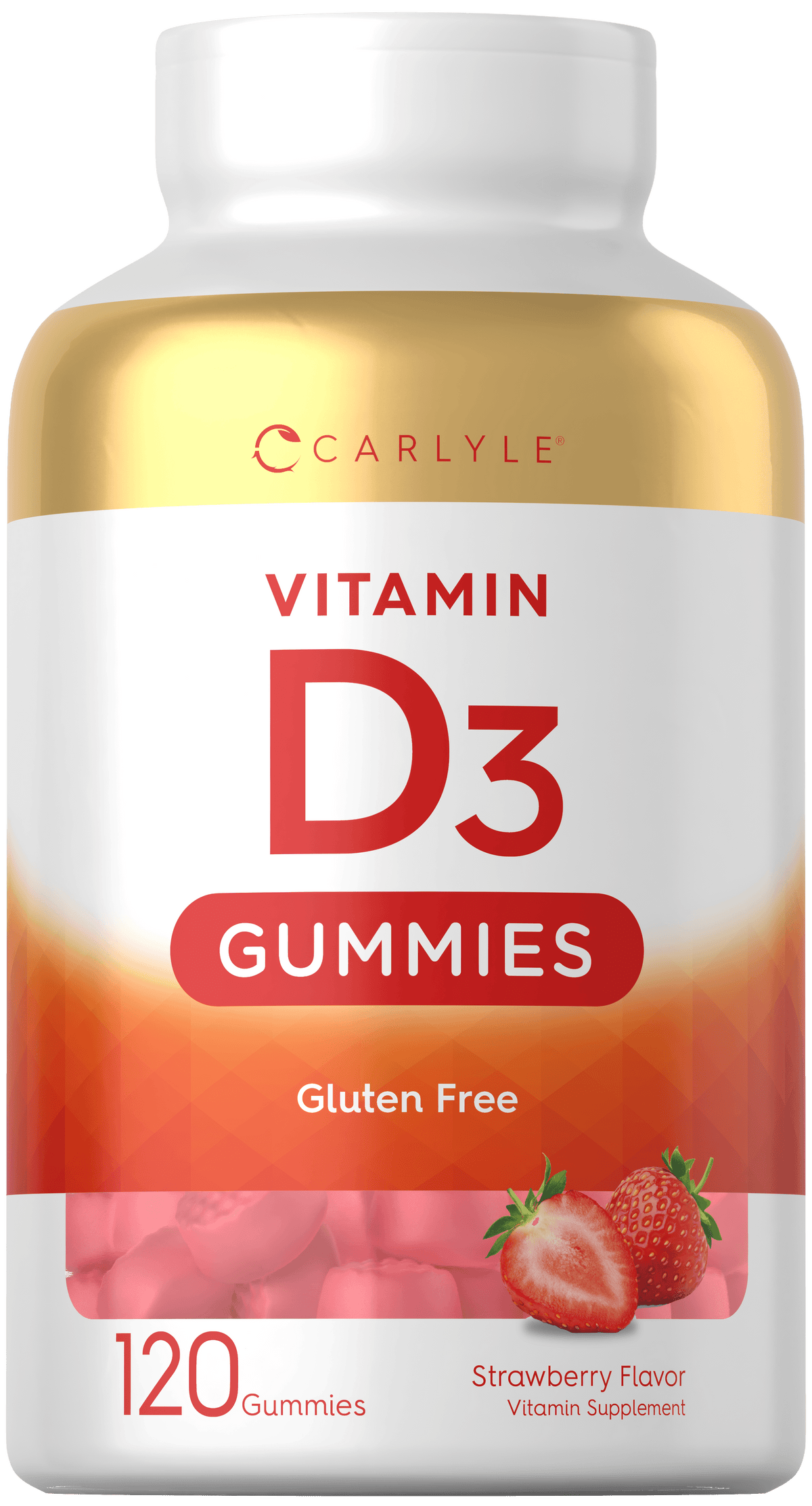 Carlyle Vitamin D3 Gummies, 120 count, strawberry flavor, gluten-free vitamin supplement, supports health.