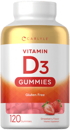 Carlyle Vitamin D3 Gummies, 120 count, strawberry flavor, gluten-free vitamin supplement, supports health.