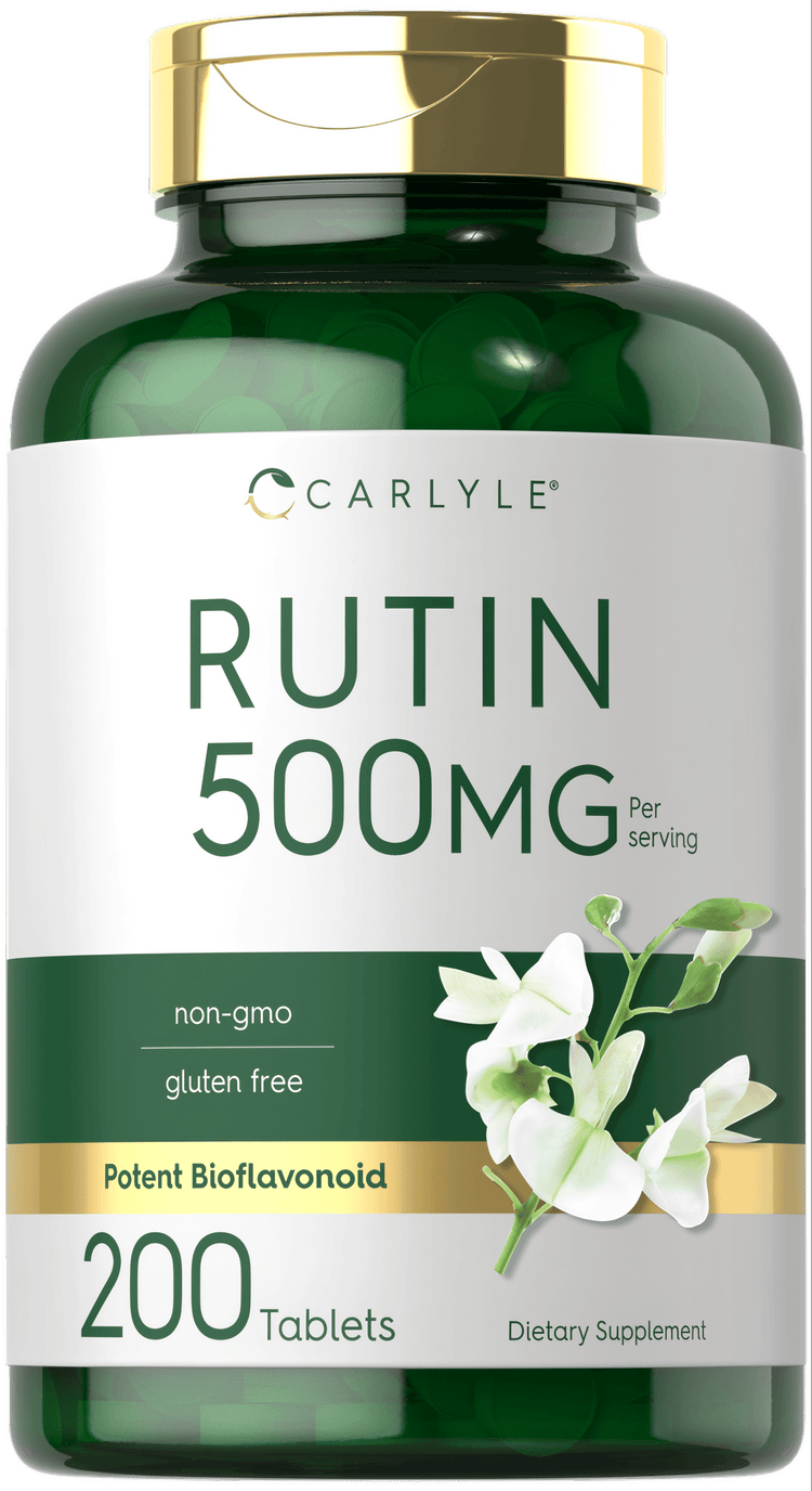 Carlyle Rutin 500 mg tablets in a green bottle, containing a total of 200 tablets, displayed on a hand scale.