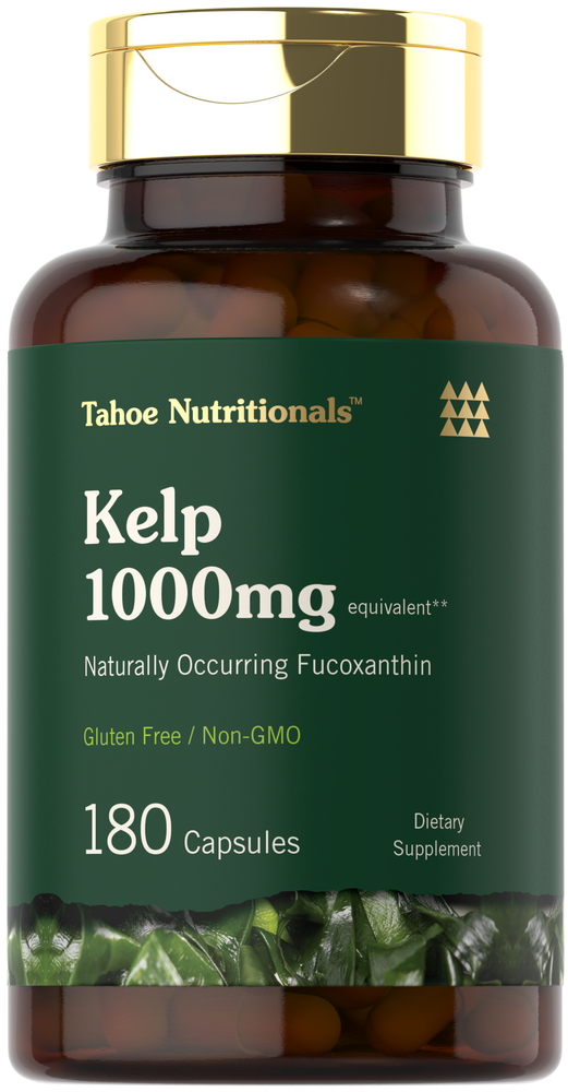 Bottle of Tahoe Nutritionals Kelp supplement, 1000mg equivalent, containing 180 capsules, shown on a hand-scale for size reference.