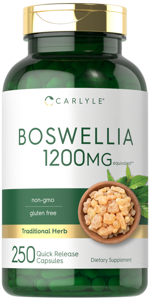 Bottle of Boswellia 1200mg equivalent, 250 Quick Release Capsules, shown on a scale for size reference.