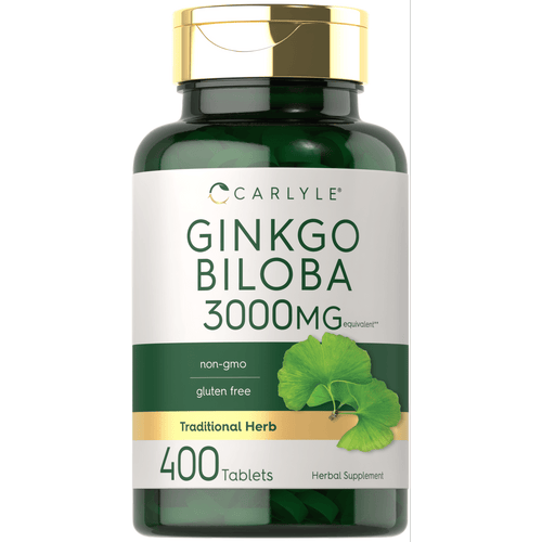 View 1 Carlyle Ginkgo Biloba Tablets, 3000mg equivalent with 400 tablets in bulk scale hand image.