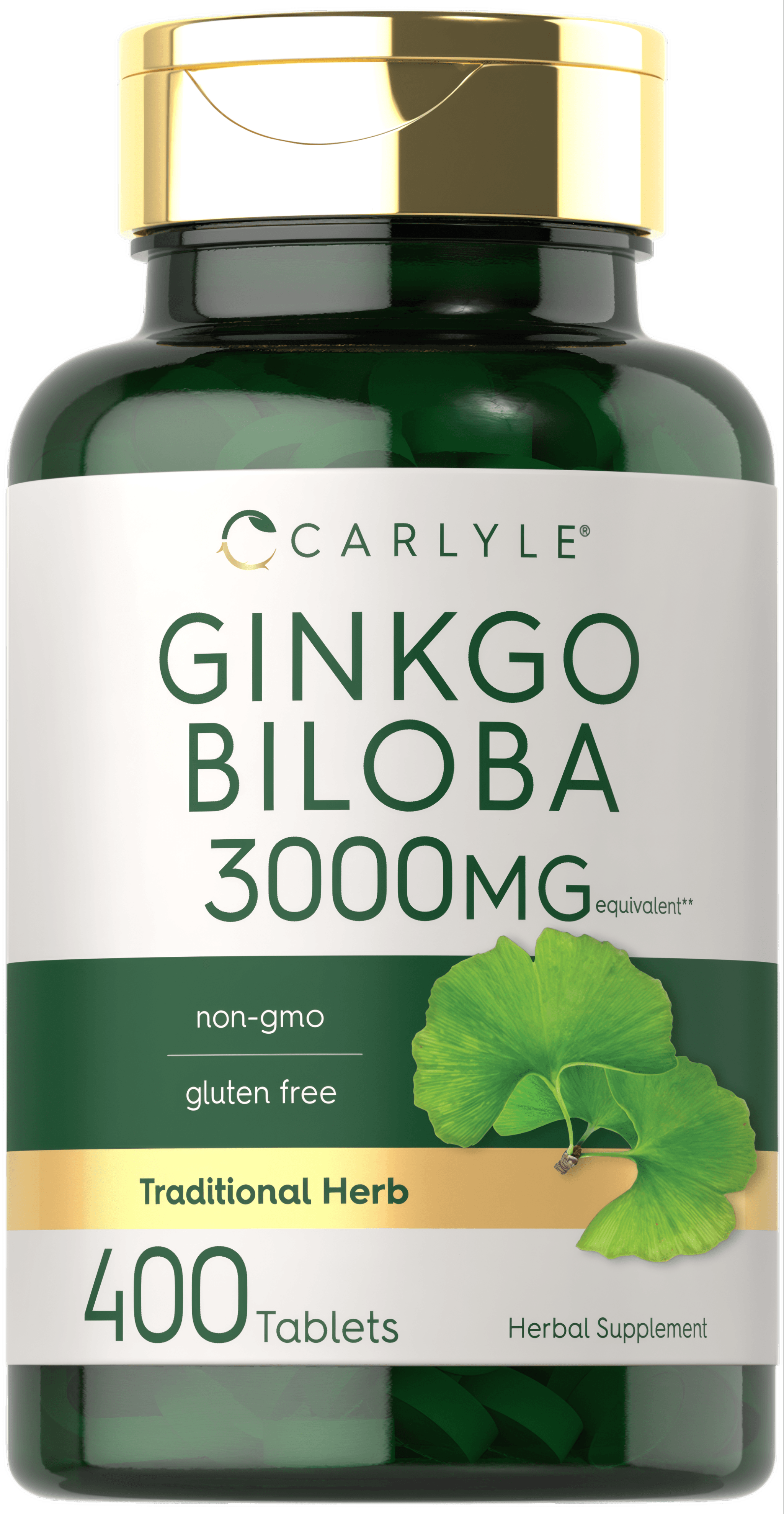 Carlyle Ginkgo Biloba Tablets, 3000mg equivalent with 400 tablets in bulk scale hand image.