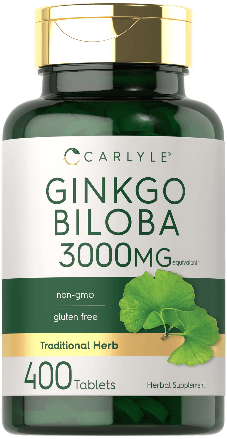 Carlyle Ginkgo Biloba Tablets, 3000mg equivalent with 400 tablets in bulk scale hand image.