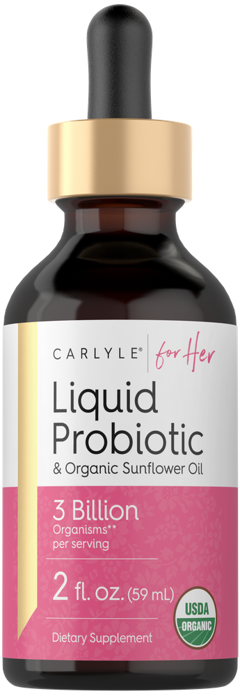 Carlyle Liquid Probiotic 2 fl. oz. (59 mL) dropper bottle shown next to a hand for size reference.