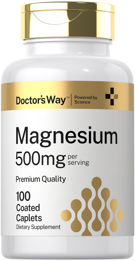 Hand holding a scale with Magnesium 500mg per serving coated caplets displayed on it.