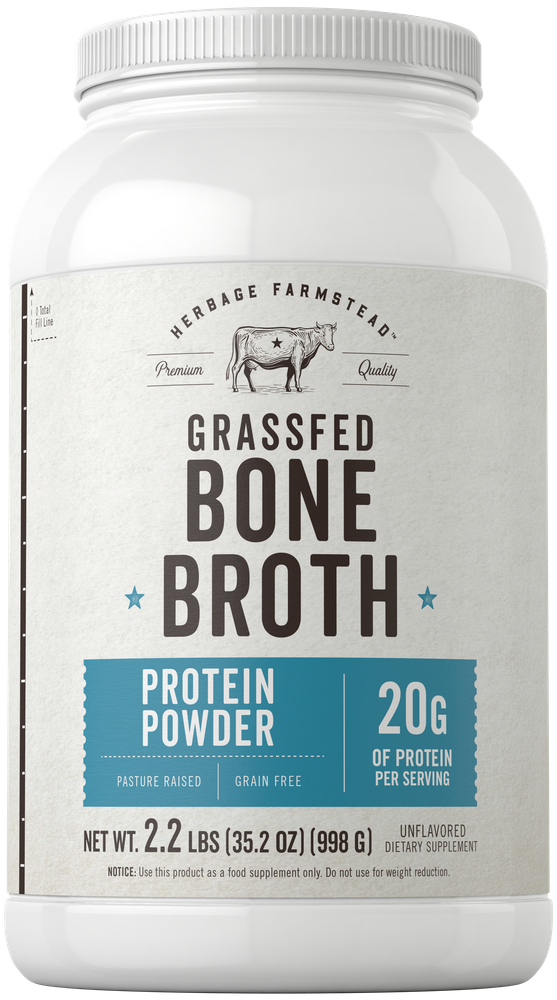 Herbage Farmstead Grassfed Bone Broth Protein Powder in a 2.2 lbs (35.2 oz) tub.