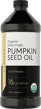 This is a 16 fl. oz. (473 mL) bottle of organic extra virgin pumpkin seed oil.