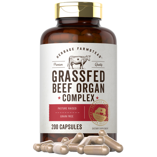 View 1 200 tan capsules from Herbage Farmstead, featuring Grassfed Beef Organ Complex, displayed on a bulk scale.