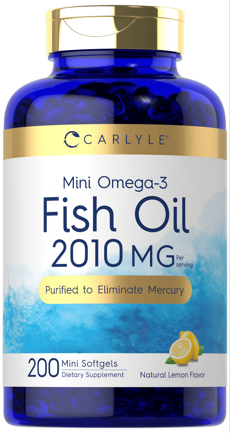 Hand holding Mini Omega-3 Fish Oil Mini Softgels, 2010 MG per serving, showing product scale and size.