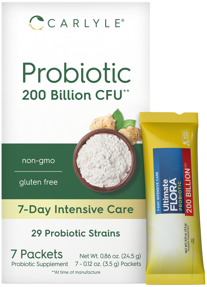 Carlyle Probiotic 200 Billion CFU Ultimate Flora packet shown for size comparison on a hand.
