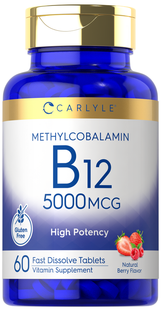 60 fast dissolve tablets of methylcobalamin B12 5000MCG, shown on a hand scale for size reference.