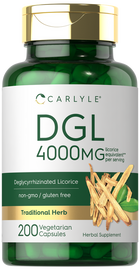 Carlyle DGL 4000MG licorice per serving, 200 Vegetarian Capsules shown on a hand scale.