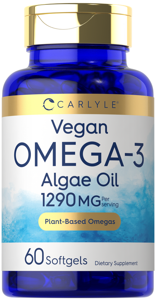 A bottle of Carlyle Vegan Omega-3 Algae Oil with 60 softgels.