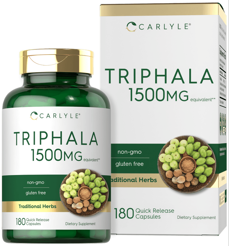 Carlyle Triphala 1500 mg equivalent in 180 quick release capsules shown on hand scale.