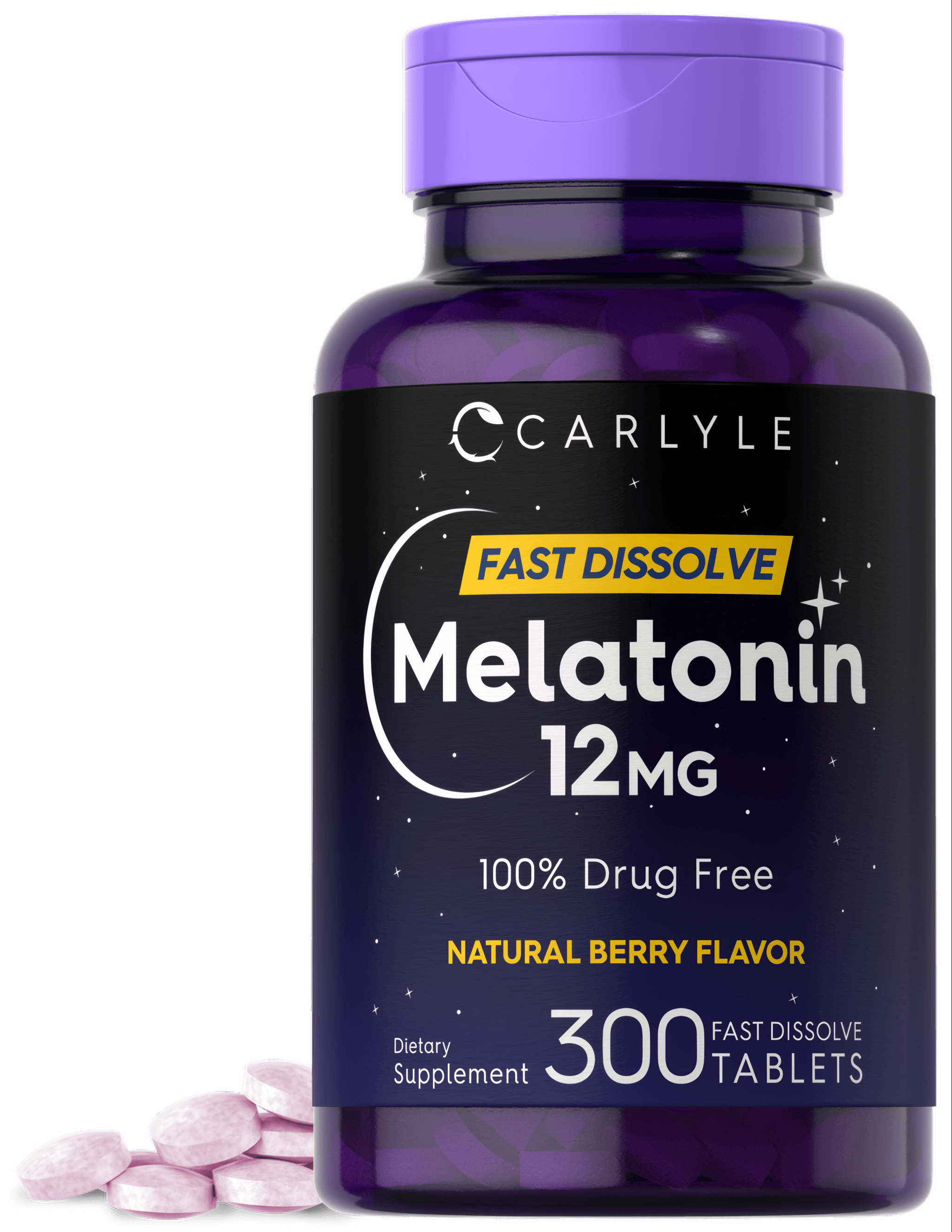 Pink 12 mg Melatonin tablets in a purple bottle labeled as Fast Dissolve, containing 300 tablets.