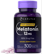 Pink 12 mg Melatonin tablets in a purple bottle labeled as Fast Dissolve, containing 300 tablets.