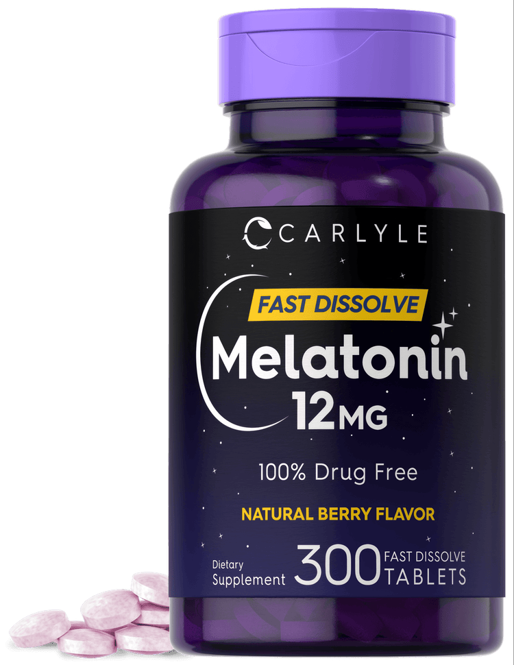 Pink 12 mg Melatonin tablets in a purple bottle labeled as Fast Dissolve, containing 300 tablets.