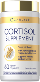 A scale weighing a bottle of cortisol supplement containing 60 vegan capsules.