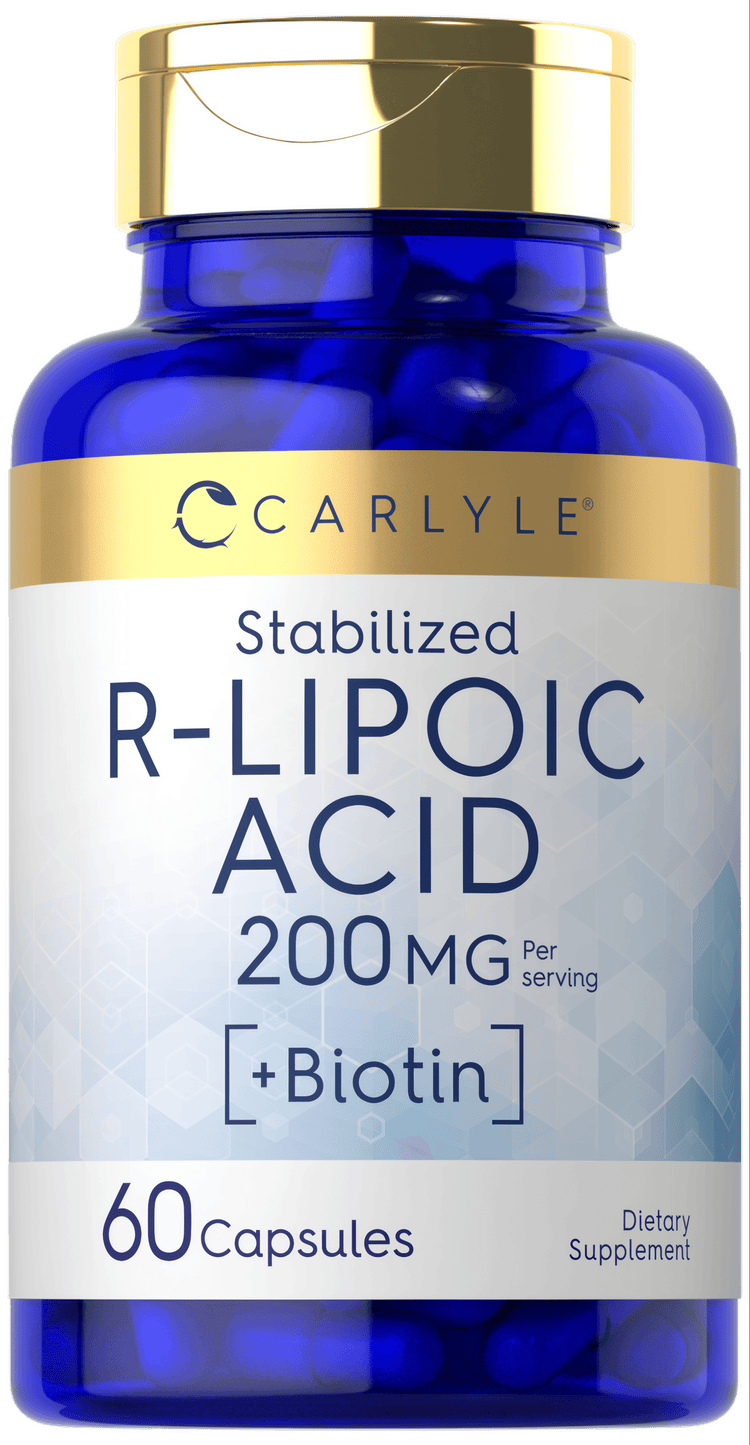 Carlyle Stabilized R-Lipoic Acid 200 MG and Biotin capsules, 60 count bottle with a hand in the image.