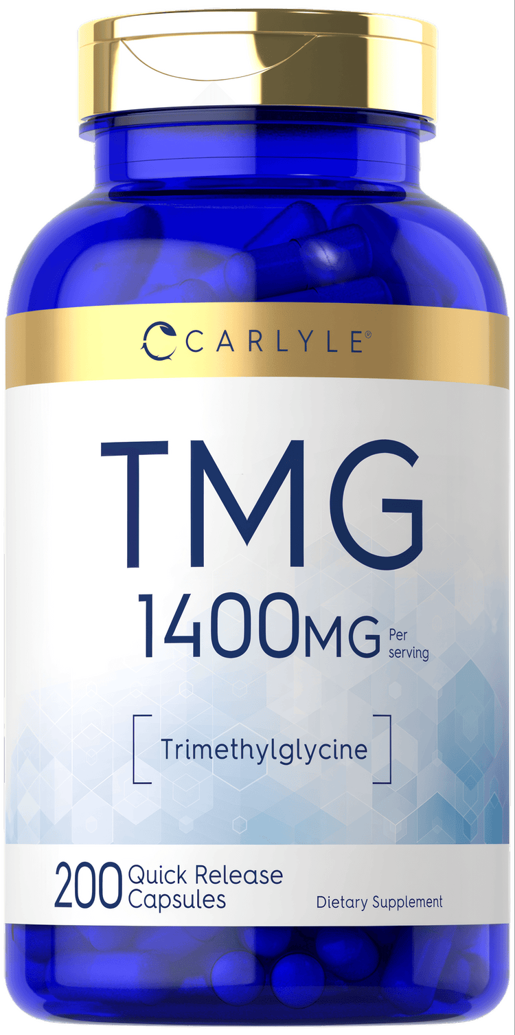 Bottle of 200 quick release TMG capsules, 1400mg per serving, shown on scale with a hand.