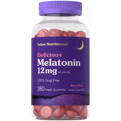 View 1 Image of Tahoe Nutritionals Melatonin, 12mg per serving, 180 vegan gummies, berry flavor, resting on a hand scale.