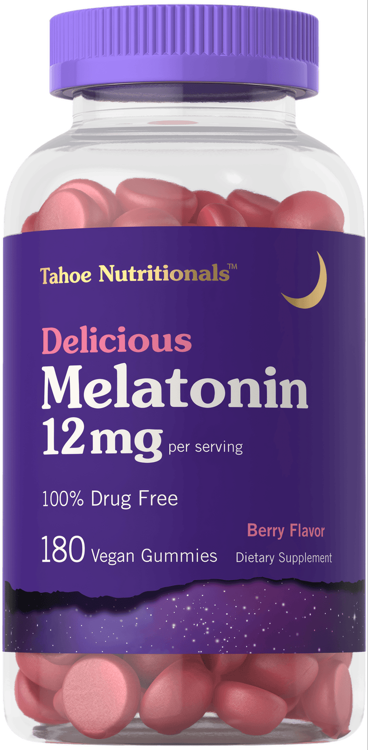 Image of Tahoe Nutritionals Melatonin, 12mg per serving, 180 vegan gummies, berry flavor, resting on a hand scale.
