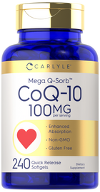 Carlyle Mega Q-Sorb CoQ-10 supplement with 100 MG per serving, in a bottle containing 240 quick release softgels.