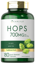Hops 700mg quick release capsules, 180 count, displayed on a hand scale.