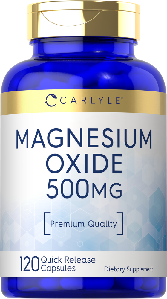 A hand holds a bottle of Magnesium Oxide 500MG Quick Release Capsules, 120 count.