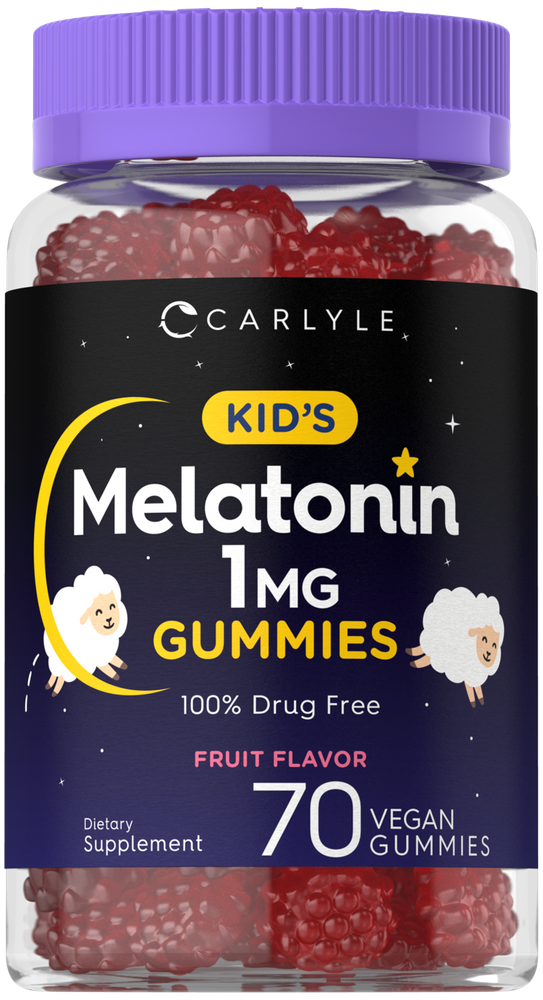A clear jar contains 70 red raspberry-shaped Kids Melatonin 1 MG Vegan Gummies.