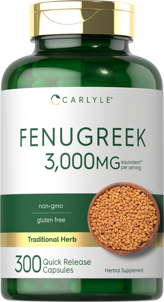 Hand scale image showing Fenugreek 3,000MG equivalent per serving in 300 quick-release capsules.