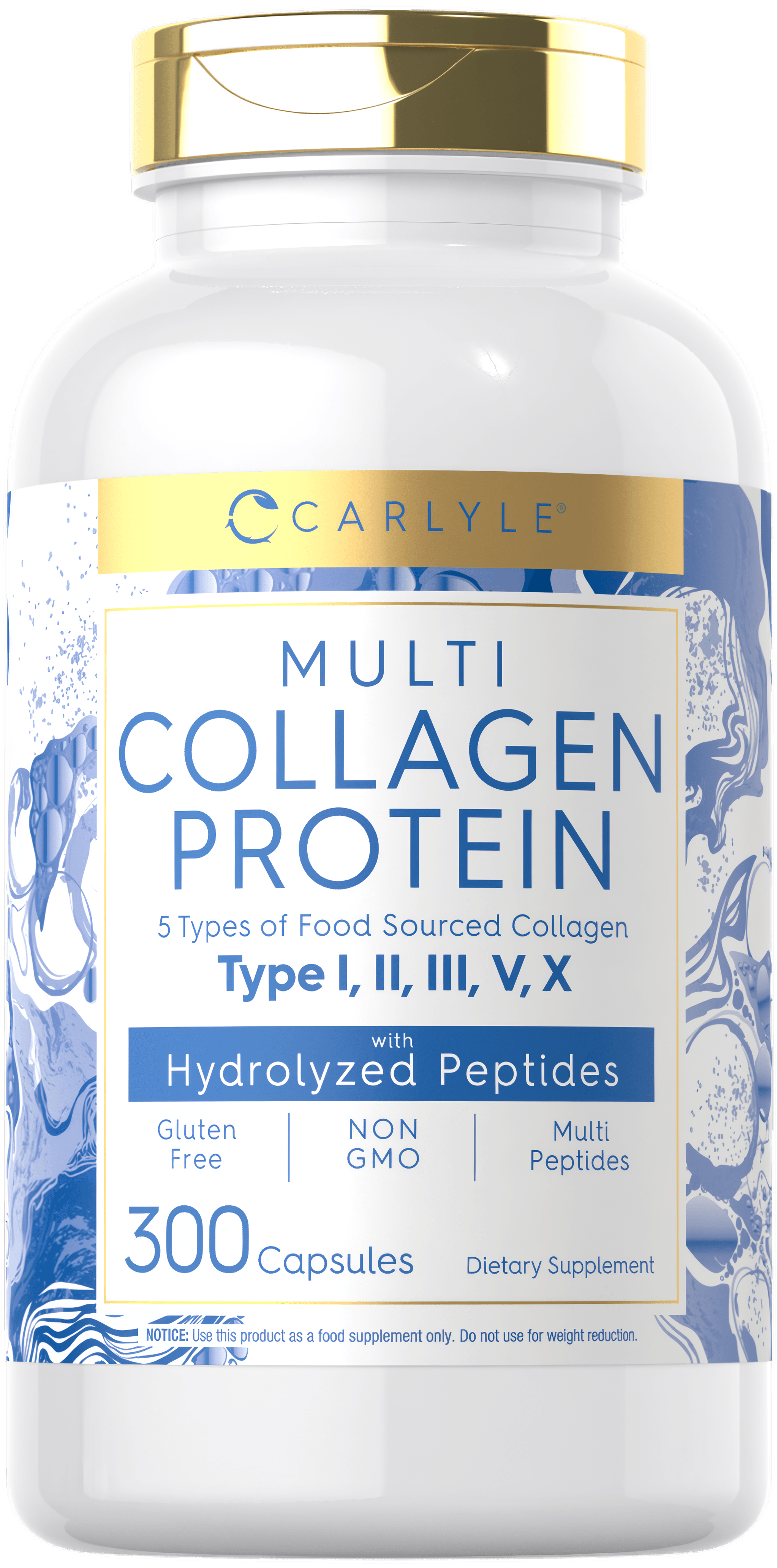 Hand holding Carlyle Multi Collagen Protein bottle containing 300 capsules, indicating capsule scale and bottle size.