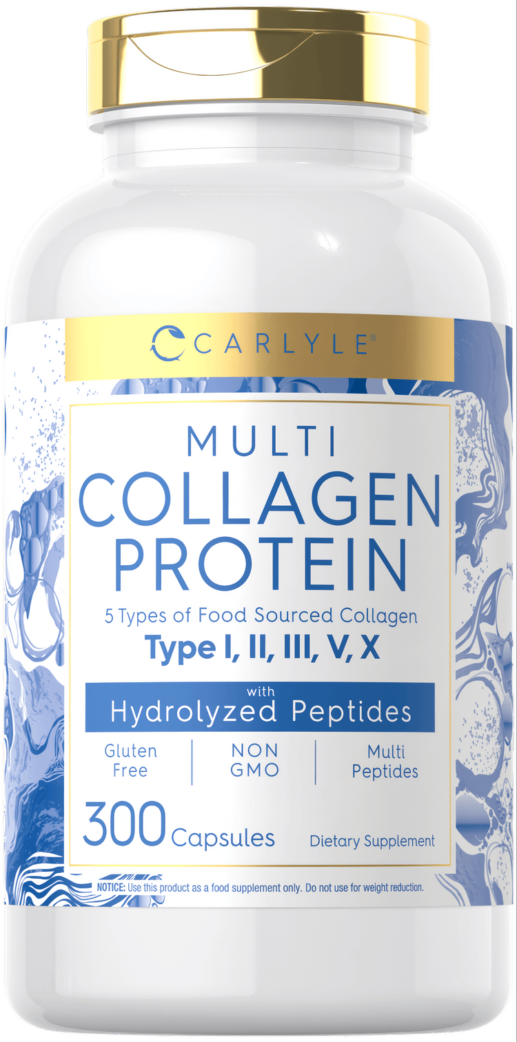 Hand holding Carlyle Multi Collagen Protein bottle containing 300 capsules, indicating capsule scale and bottle size.