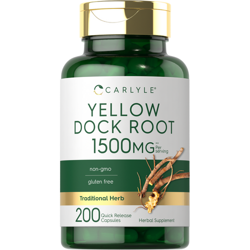 View 1 A hand holding a 200-count bottle of Yellow Dock Root 1500mg Quick Release Capsules.