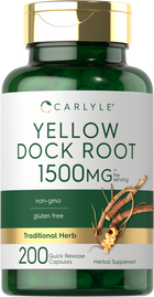 A hand holding a 200-count bottle of Yellow Dock Root 1500mg Quick Release Capsules.