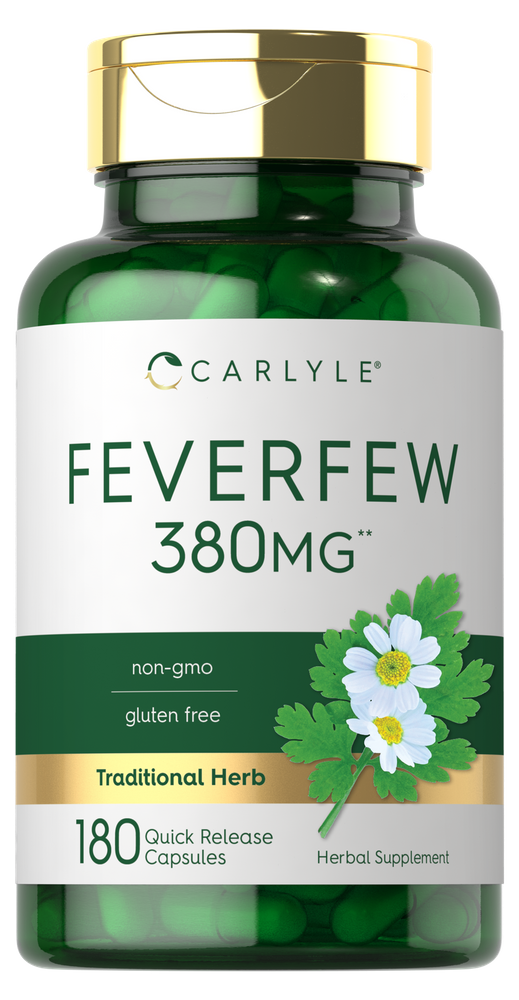 Carlyle Feverfew 380MG, 180 quick-release capsules shown with a hand for size reference.