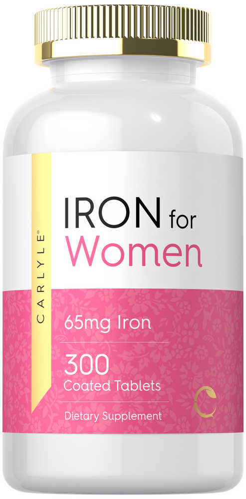A hand holds a scale with a bottle of 65mg Iron 300 coated tablets, emphasizing the product's bulk quantity.