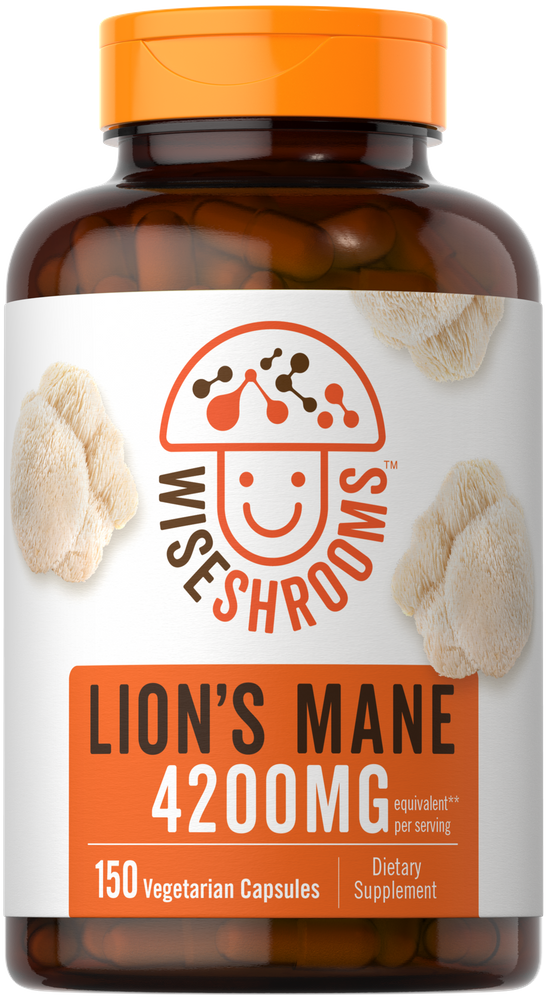 Lion's Mane 4200mg equivalent per serving: 150 Vegetarian Capsules shown on a hand scale.
