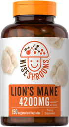Lion's Mane 4200mg equivalent per serving: 150 Vegetarian Capsules shown on a hand scale.