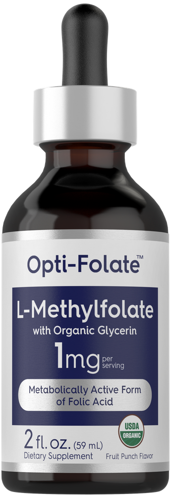 L-Methylfolate 2 fl. oz. (59 mL) liquid with 1 mg per serving, USDA Organic, Opti-Folate, and Fruit Punch Flavor.