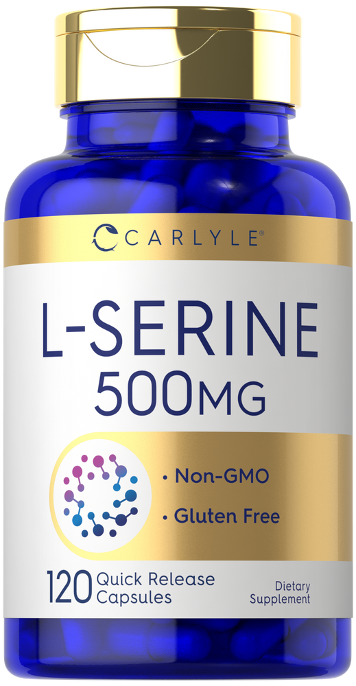 A hand holds a bulk scale L-Serine 500 mg quick release capsule bottle, indicating size and dosage.