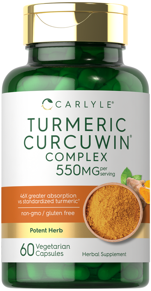 A bottle containing 60 vegetarian capsules of Turmeric Curcuwin Complex, providing 550 mg per serving.